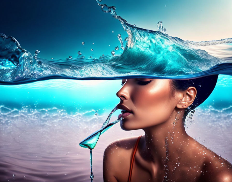 Woman with wet skin under wave, water dripping, blue background