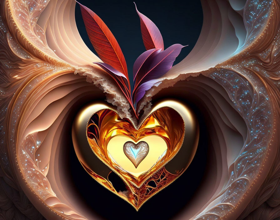 Fractal Heart Artwork with Vibrant Feathers on Dark Background