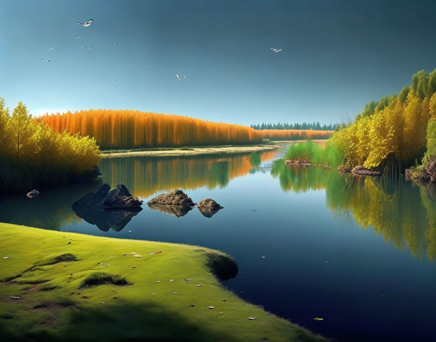 Autumn landscape: serene lake, colorful trees, green grass, rocks, birds, blue sky