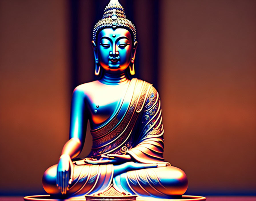 Seated Buddha Statue in Blue and Gold Depiction