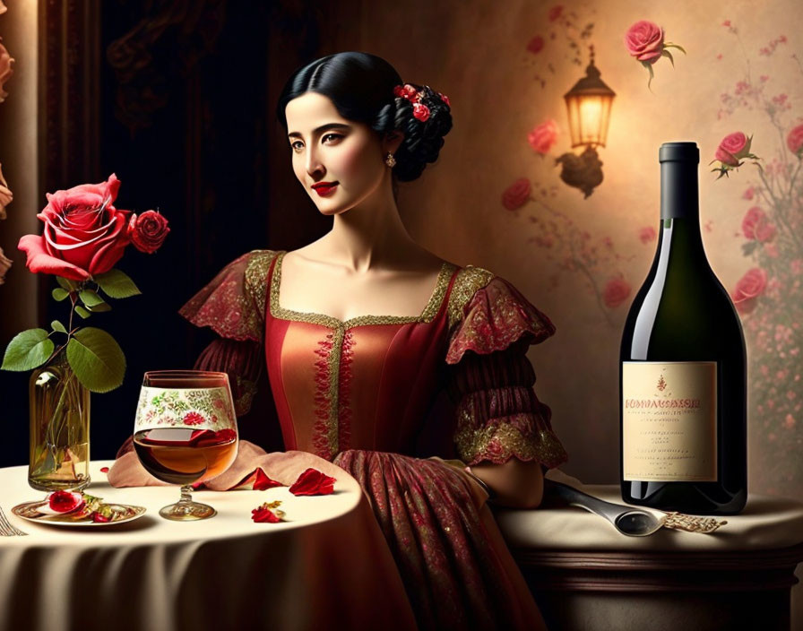 Vintage red dress woman with wine bottle and rose petals at table