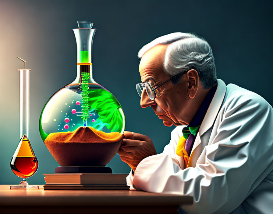 Elderly scientist studying chemical reaction with colorful liquids