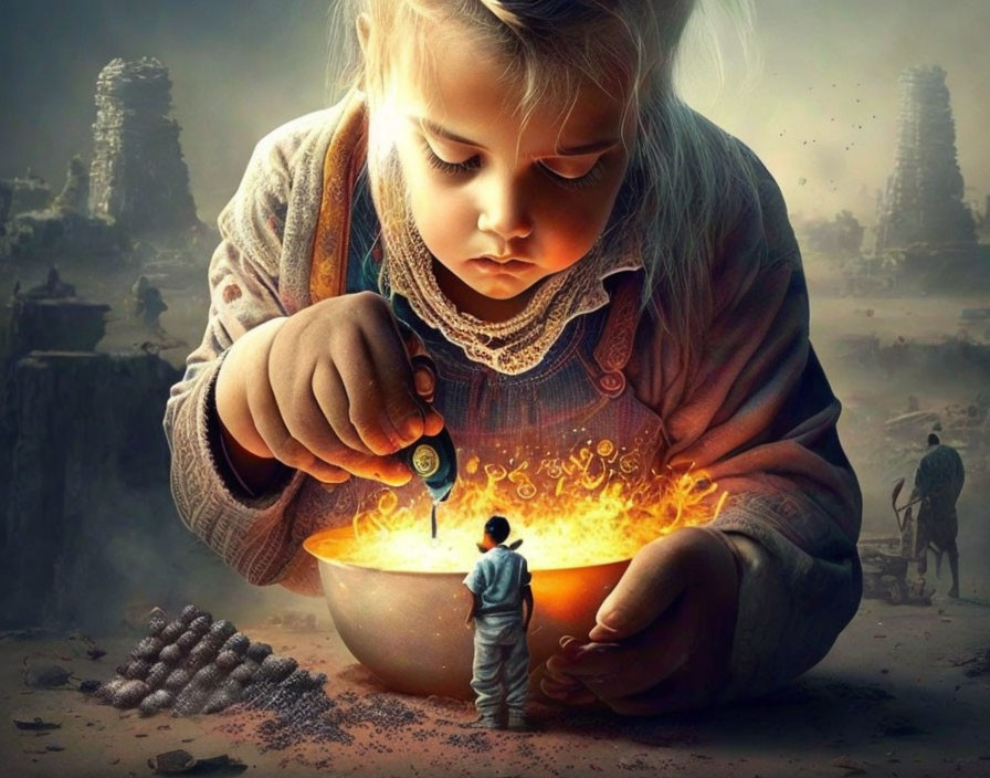 Child stirring glowing bowl with tiny person in surreal setting