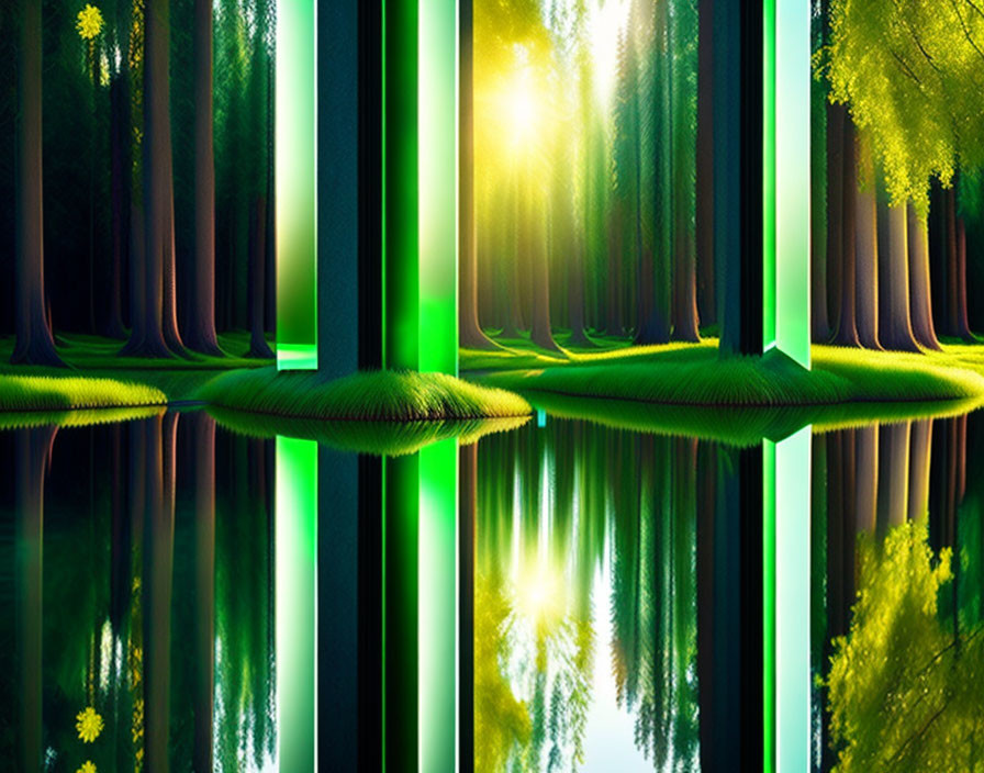 Surreal forest landscape with vibrant green hues and abstract glowing lines