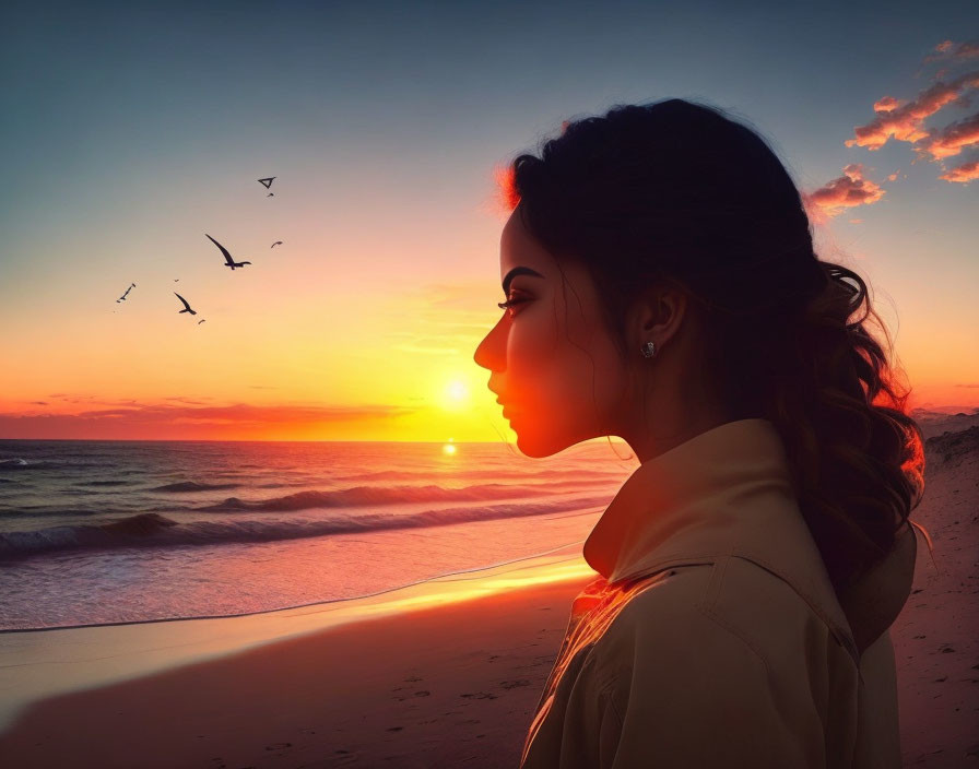 Profile of a woman watching sunset over ocean with birds in colorful sky