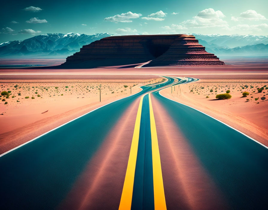 Curving road through red desert to flat-topped mountain