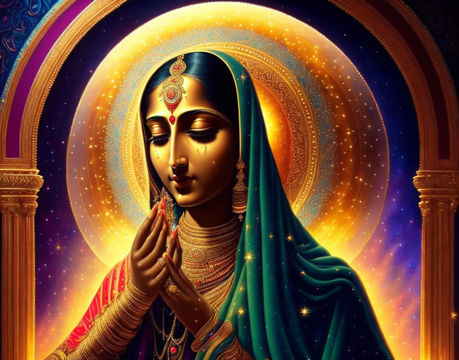 Traditional Indian Attire Woman Praying Illustration