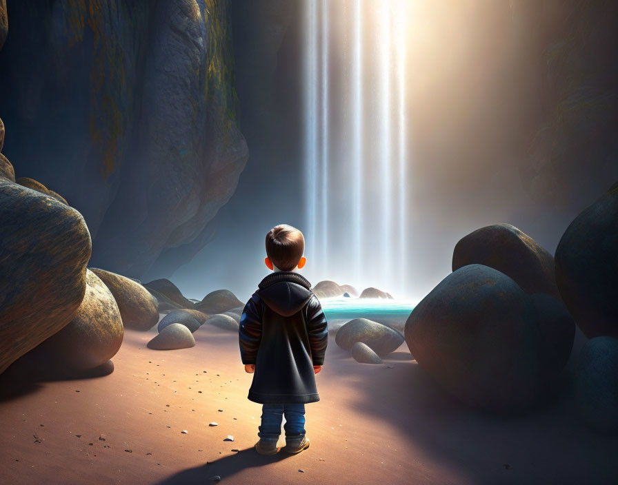 Child in coat and jeans standing in cave with sunbeam and rocks