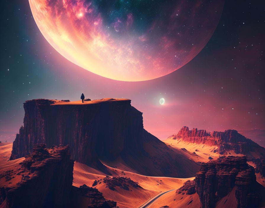 Person overlooking colorful planet in twilight desert landscape