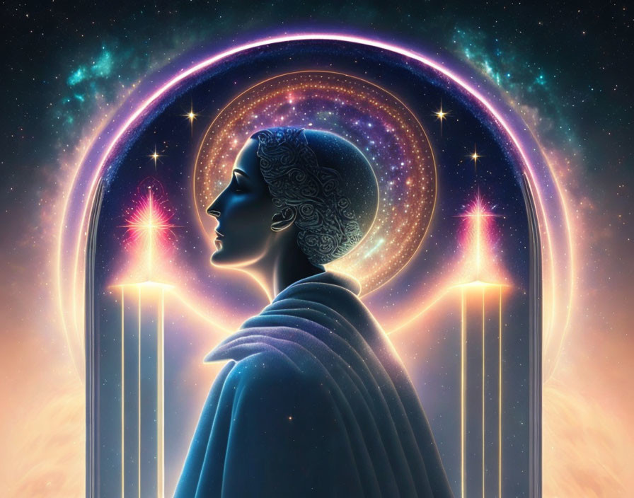 Human profile in cosmic background with arch and columns, mystical glow