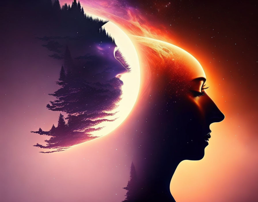 Silhouetted profile merges with cosmic starry sky and vibrant nebula