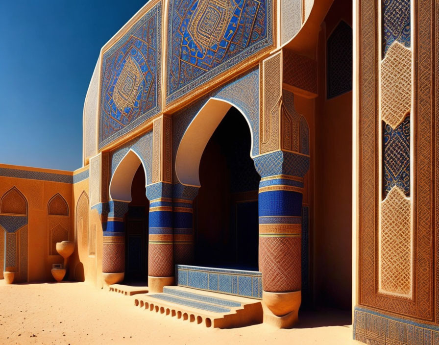 Intricate blue and gold Islamic patterns on ornate building with arches