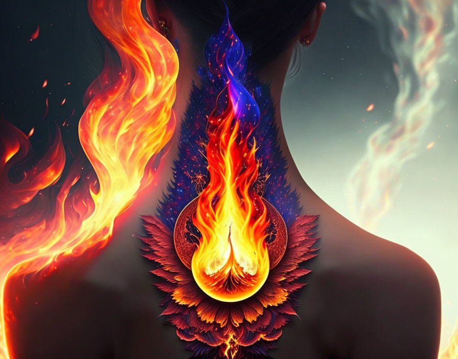 Digital artwork: Phoenix flame between silhouettes with fiery wings