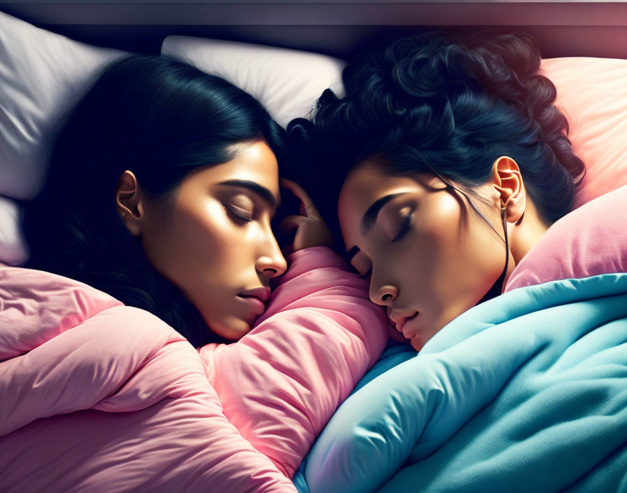 Two individuals sleeping on colorful bedding in dimly lit room