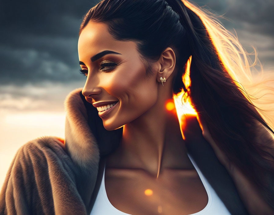 Smiling woman in white top and fur jacket under sunset glow