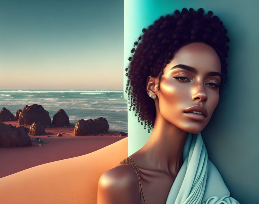 Digital artwork: Woman with stylized afro at serene beach with blue fabric pose