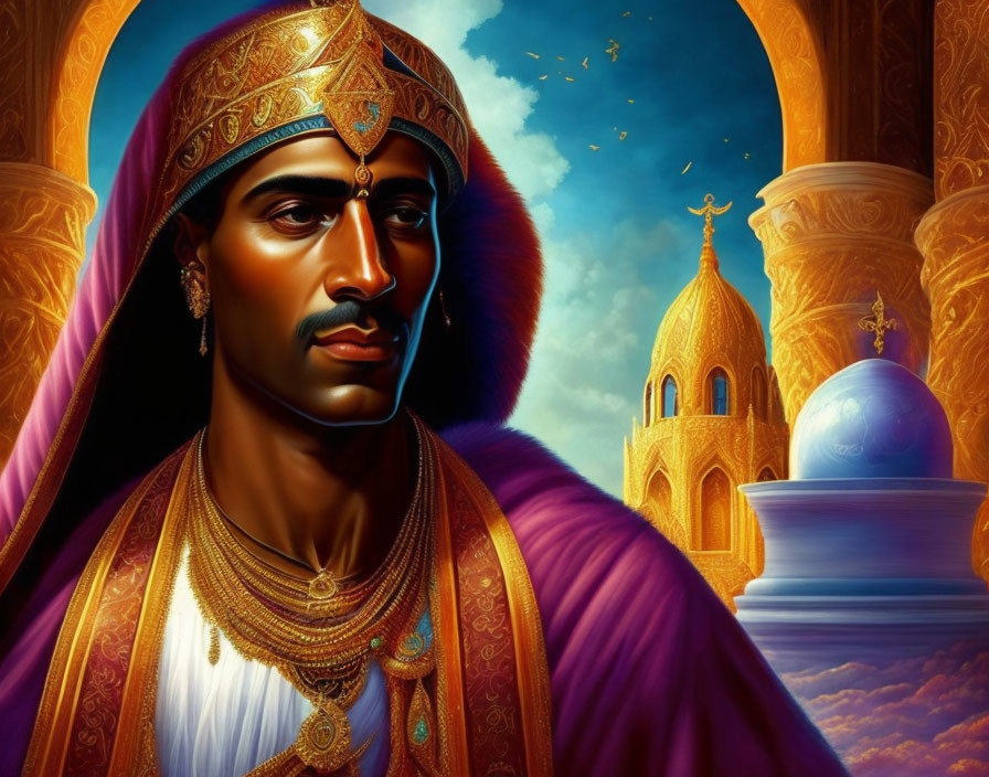 Regal man in traditional Indian attire against golden-domed backdrop