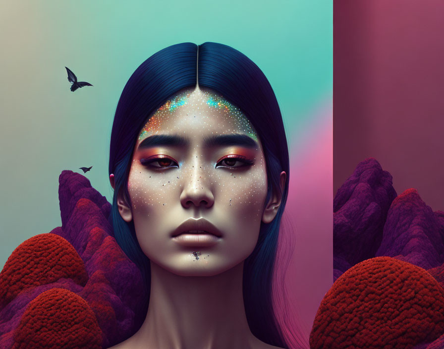 Colorful Portrait of Woman with Blue Hair and Glitter Makeup in Surreal Setting