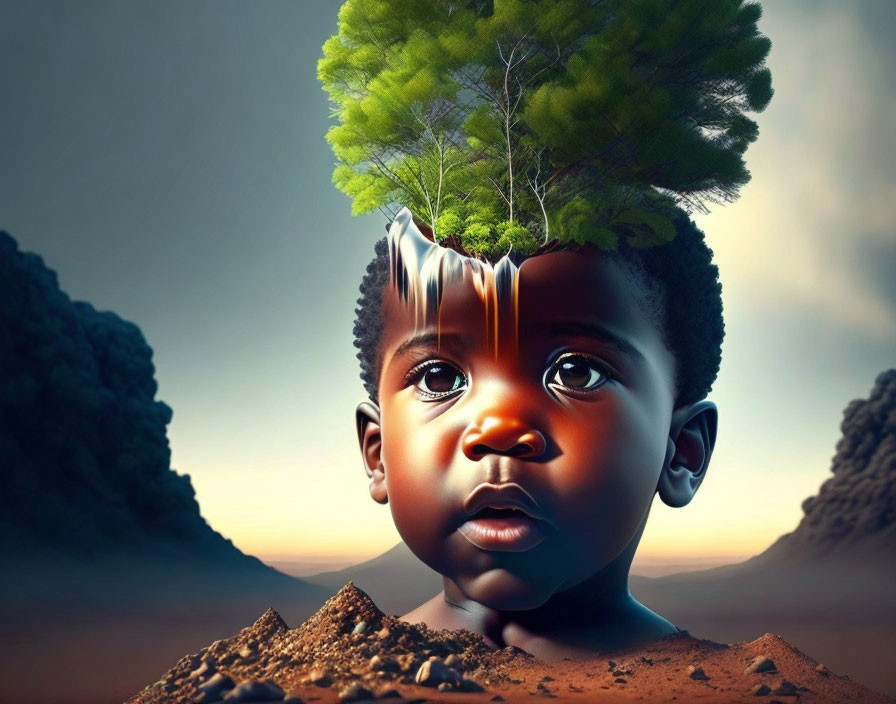 Child with tree growing from head in surreal landscape symbolizing connection.