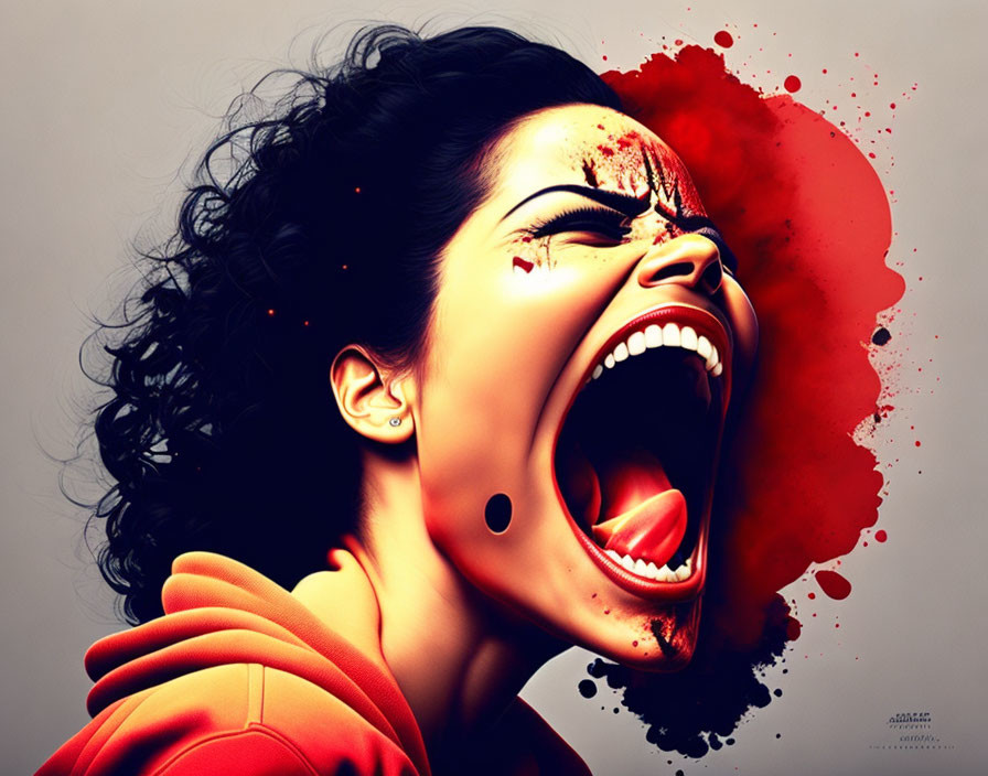 Illustration of screaming woman with red splash on grey background