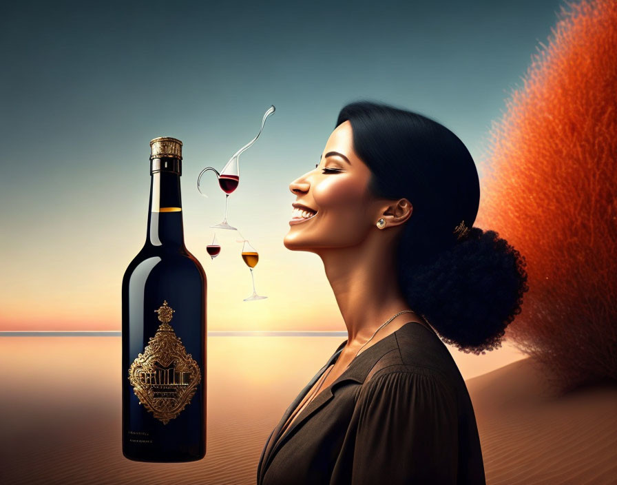 Floating wine bottle and glass with smiling woman in serene desert setting