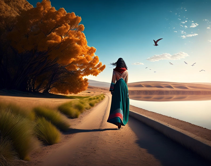 Person in green cloak and red scarf walking on desert path near water with orange tree and birds.