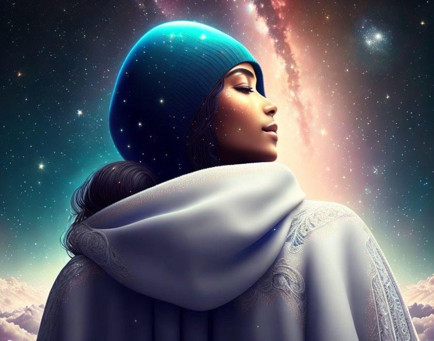 Digital artwork: Woman's profile with cosmic headwrap in starry sky.