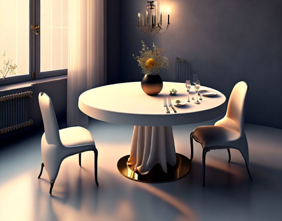 Dusk dining room with round table for two, white chairs, chandelier, twilight view.