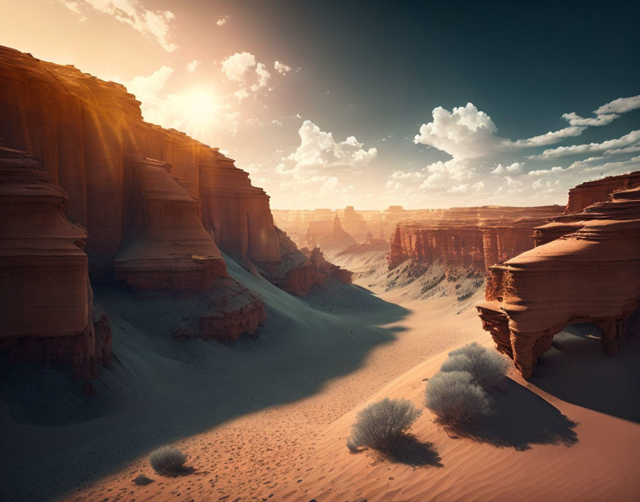 Desert landscape with sandstone formations, dunes, and sunset glow