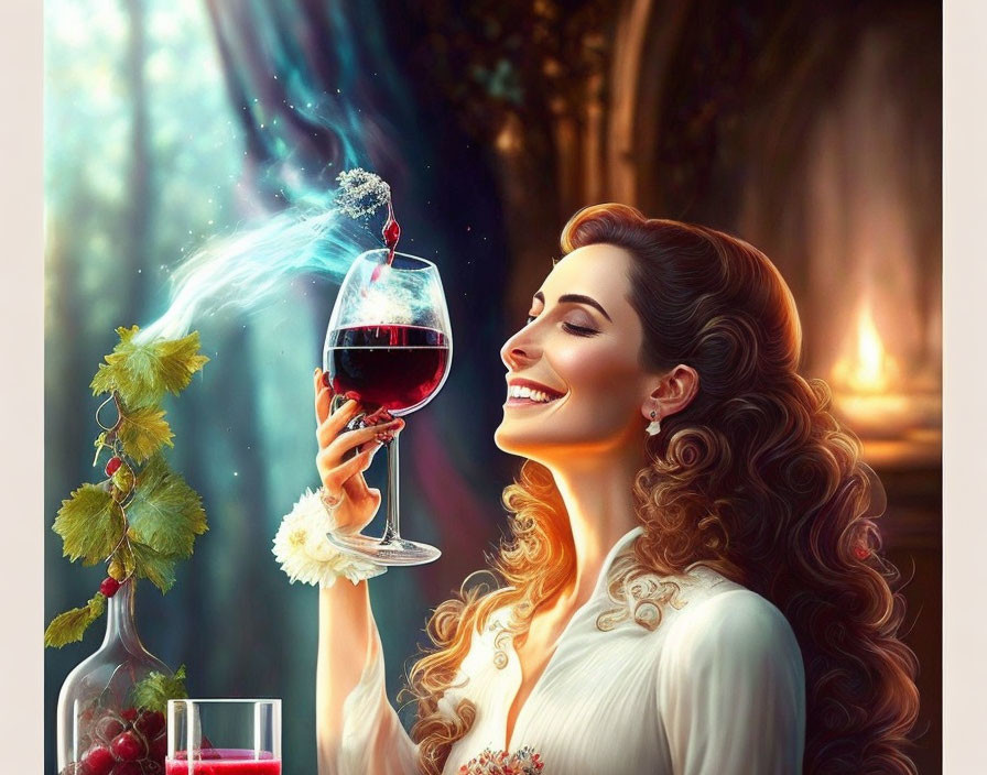 Elegant woman with red wine glass in whimsical forest scene