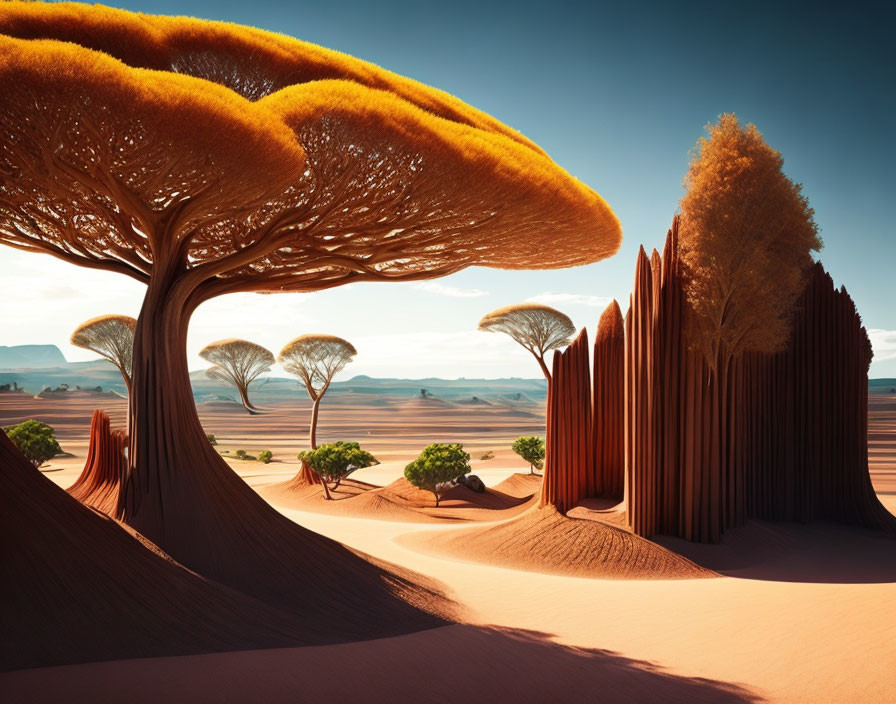 Unique surreal landscape with oversized umbrella-shaped trees and cylindrical rock formations in desert setting.