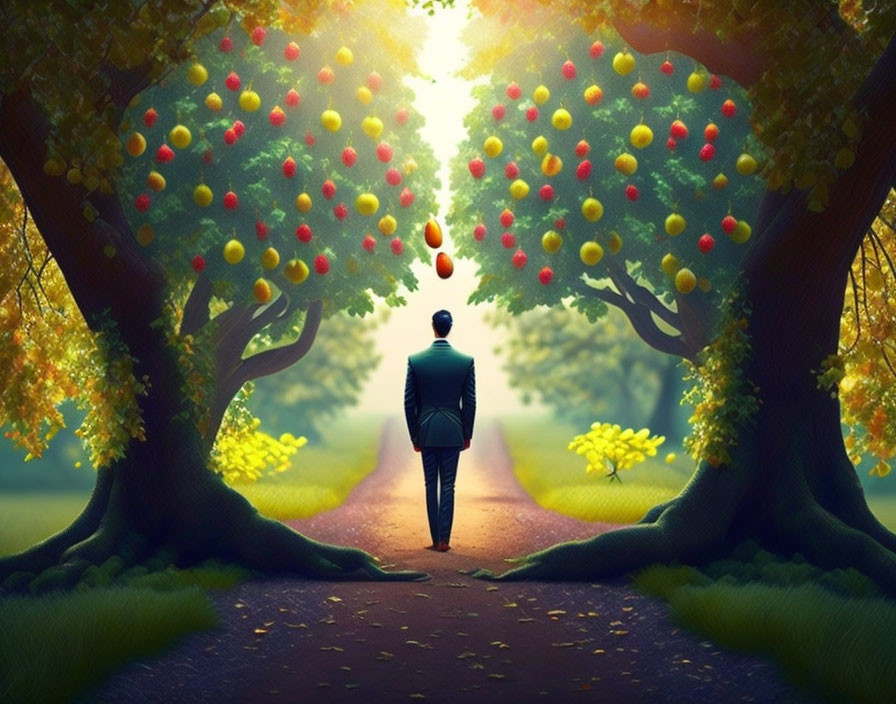 Man walking between two large trees with colorful fruit in warm, magical light