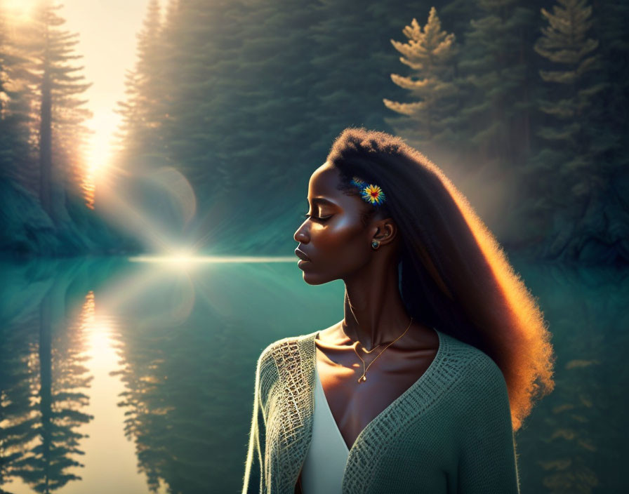 Woman with flower in hair gazes by calm lake at dusk