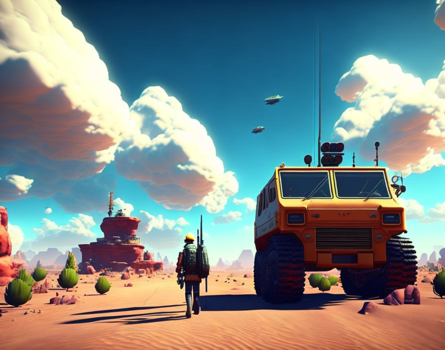 Person near rugged vehicle on desert planet with flying ships and large structure