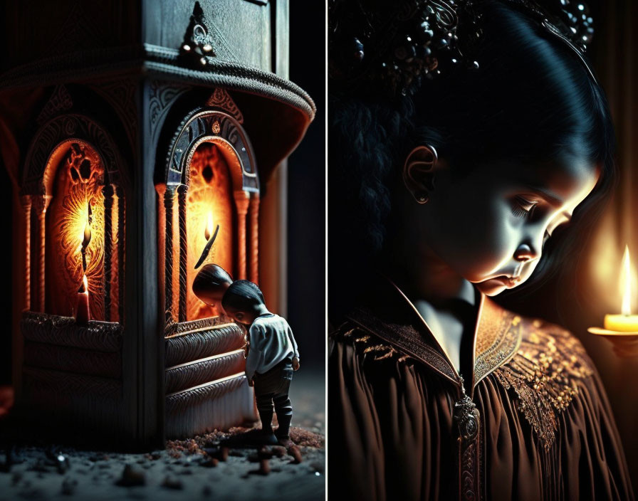 Dimly lit diptych of young boy in ornate room and profile shot of girl in candle