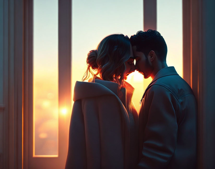 Couple sharing tender moment by window at sunset