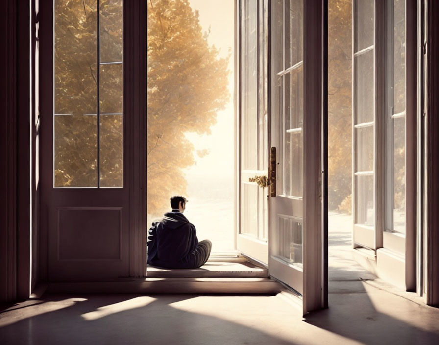 Person sitting on windowsill admiring autumn landscape through French windows