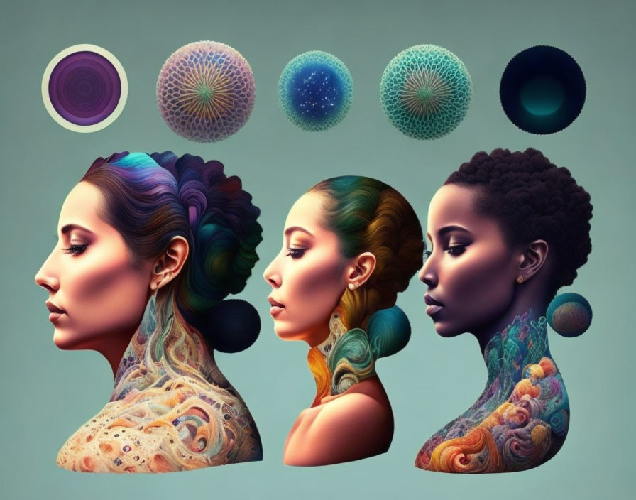 Illustrated Female Profiles with Unique Hairstyles and Colorful Skin Patterns