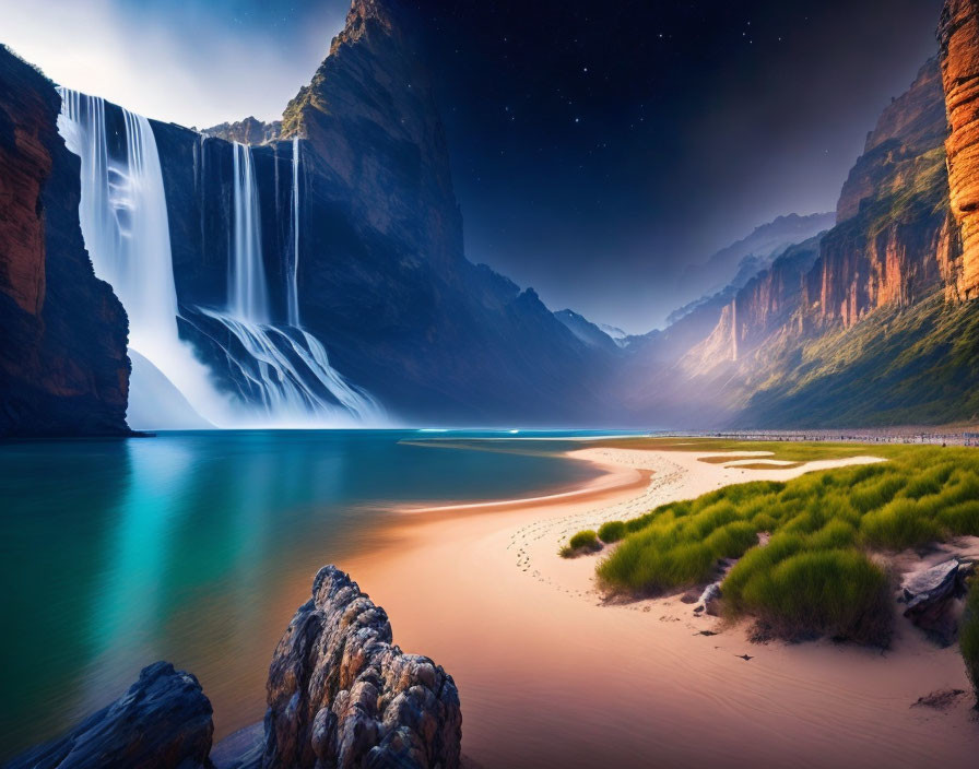 Majestic waterfall cascading into serene lake at twilight