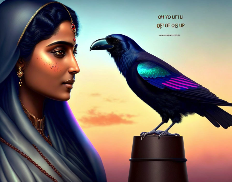 Digital illustration: Woman in Indian attire with raven on post against warm gradient.