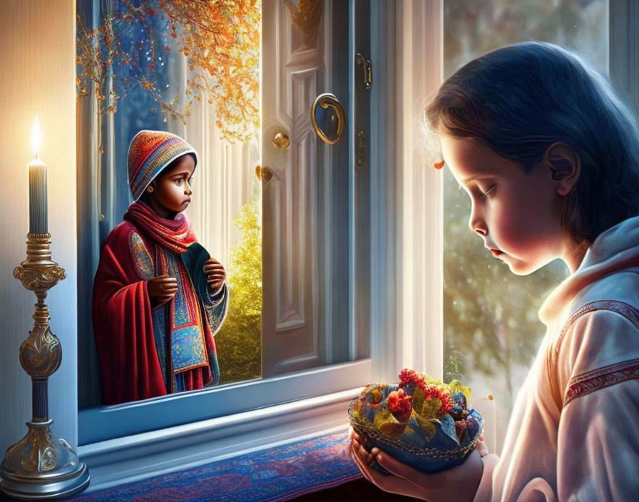 Children with fruits and candle by window in autumn setting