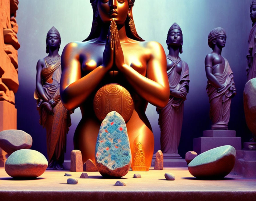 Golden figure in prayer pose surrounded by statues and rocks.