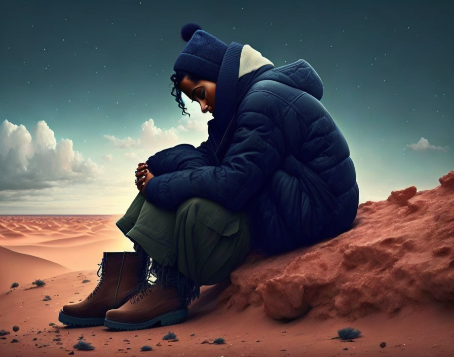 Person in Warm Clothing Sitting on Sandy Surface Under Starry Sky at Dawn