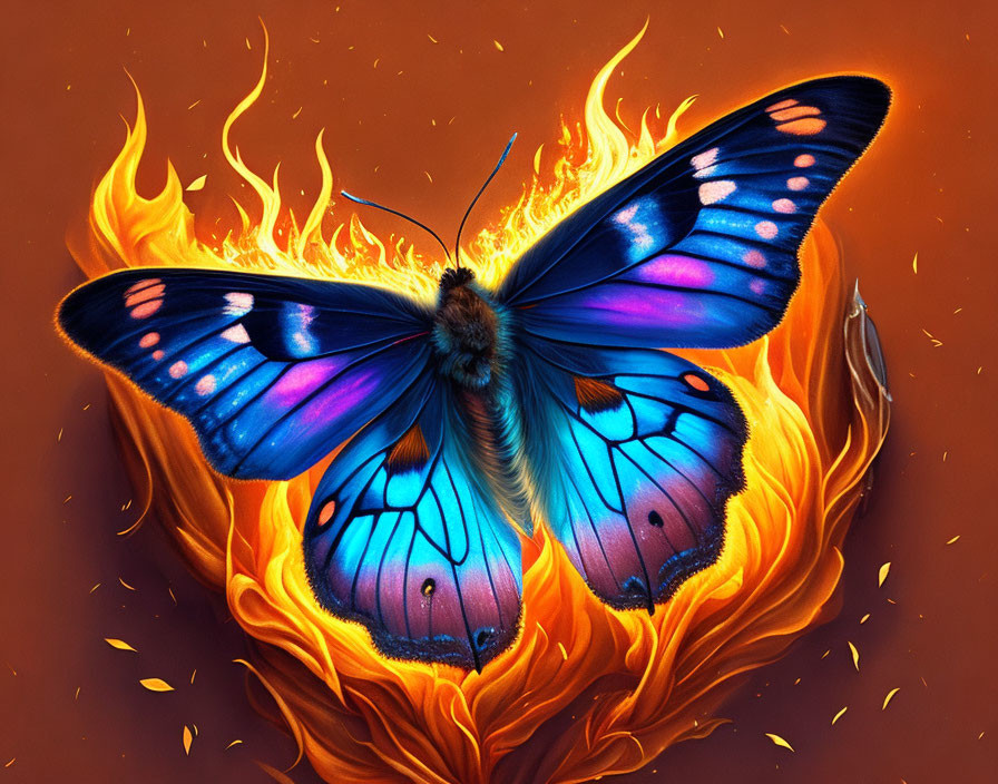 Colorful butterfly with blue wings in fiery backdrop