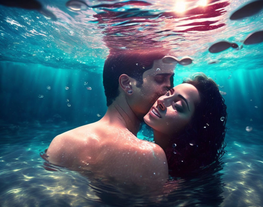 Underwater kiss with bubbles and light filtering.