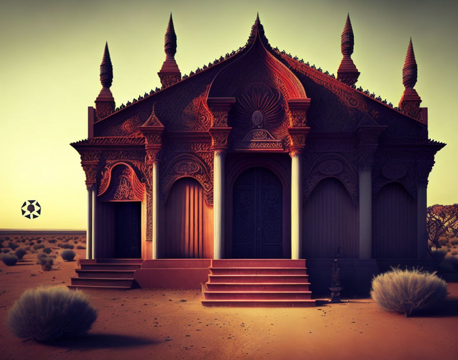 Intricate temple with pointed spires in desert landscape at dusk