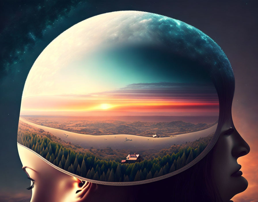 Surreal image: Woman's silhouette with landscape and sunset against cosmic backdrop