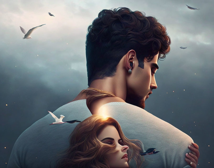 Man with Curly Hair Embracing Woman in Profile with Seagulls and Cloudy Sky