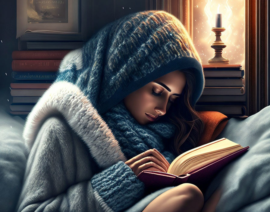 Woman reading book in cozy setting with oil lamp and books