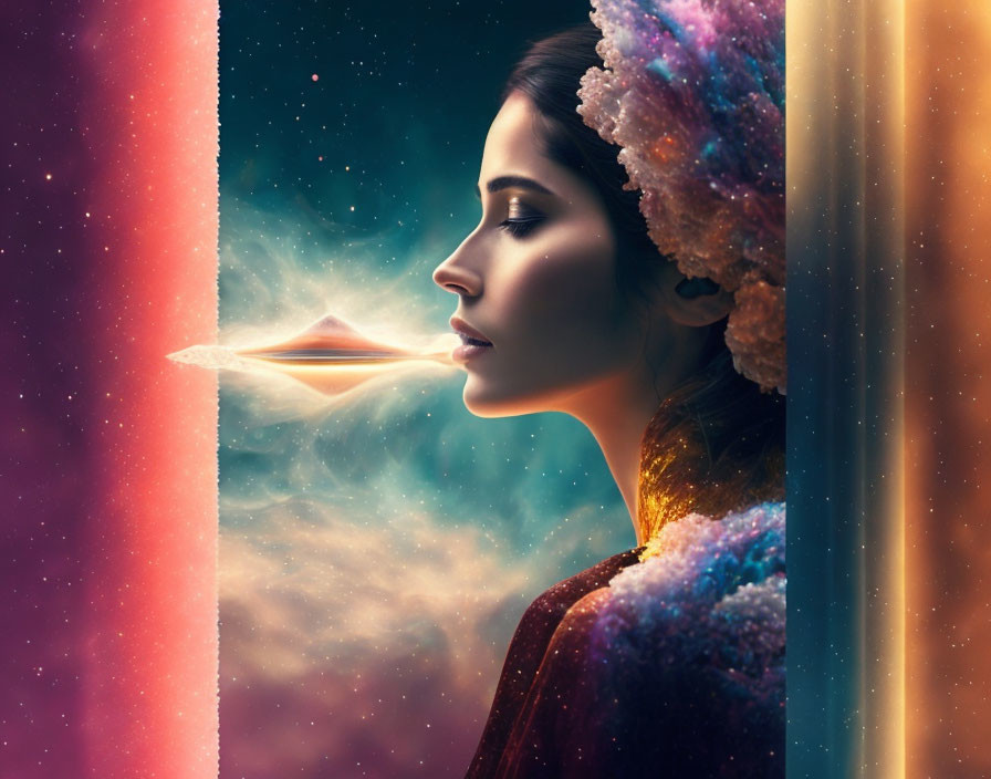 Cosmic-themed woman exhales stardust with ethereal butterfly in nebula backdrop